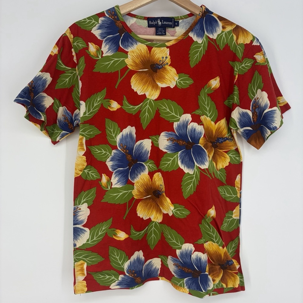 Vintage Ralph Lauren Womens T-Shirt Floral Hawaiian Tropical Island Beach Resort